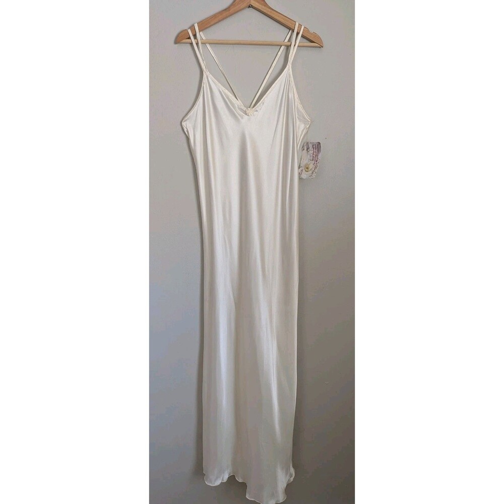 Vintage 90s Slip Dress Lingerie Liquid Satin Bias Cut Gown L Ivory Strappy Maxi